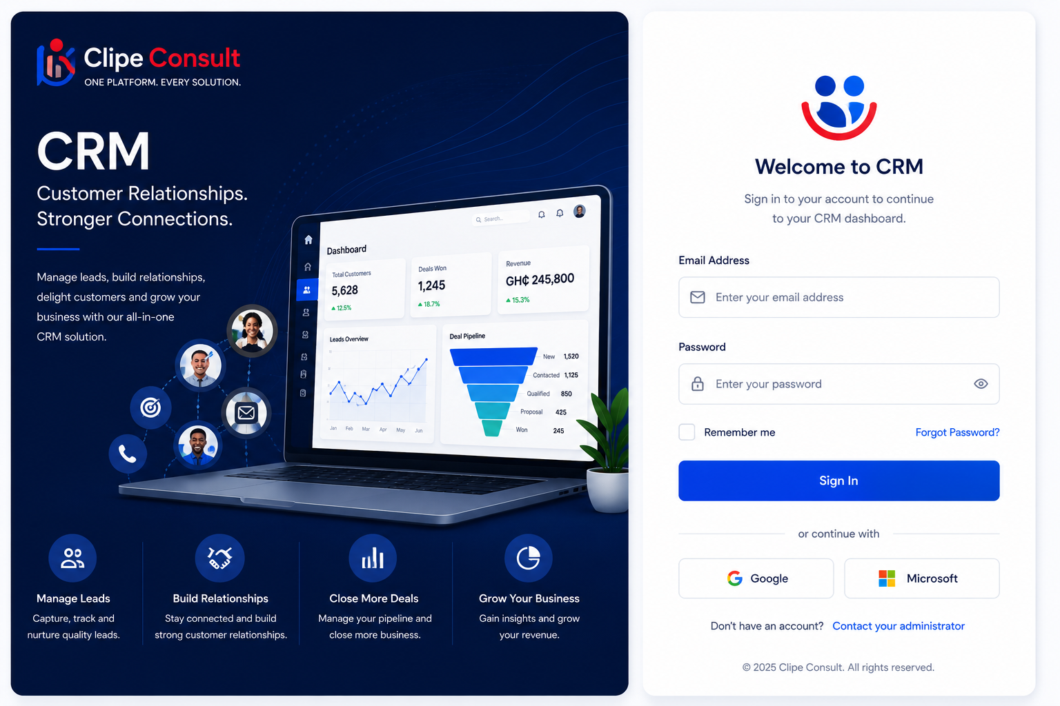 ClipeCRM customer relationship management application login screen