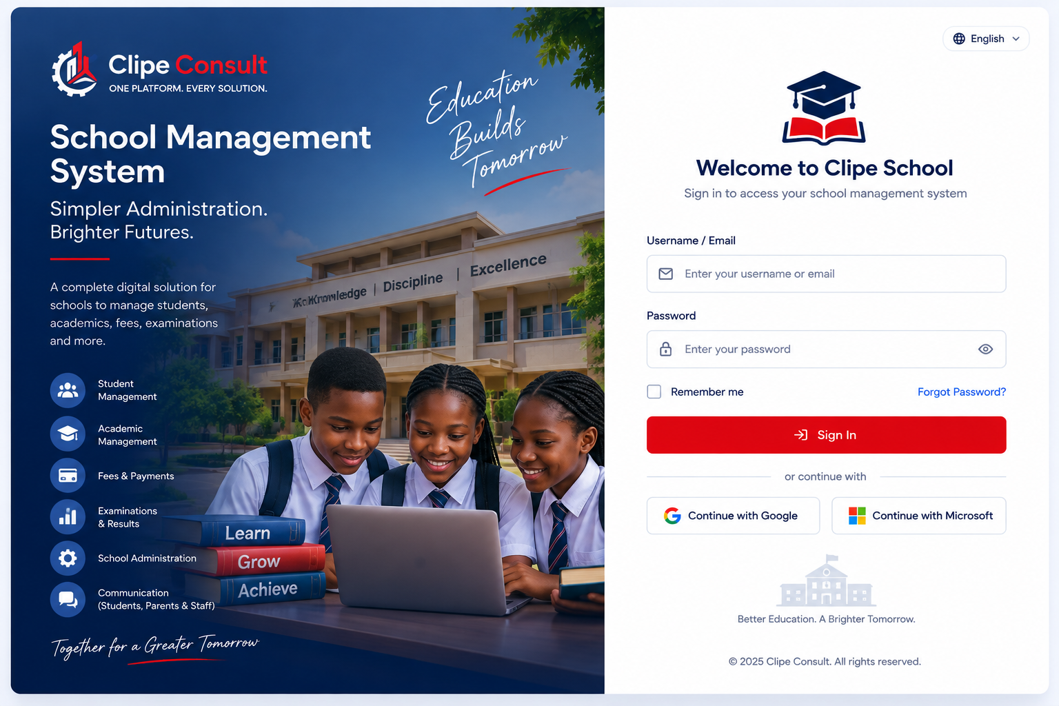 ClipeSchool management system login screen