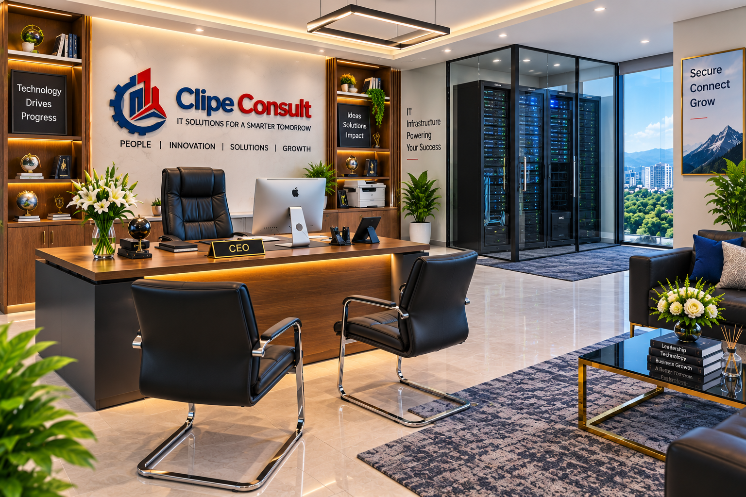 Clipe Consult CEO office interior with branding and Secure Connect Grow tagline