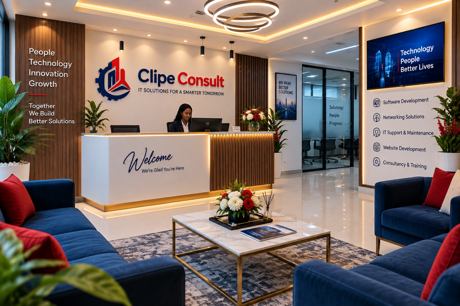 Clipe Consult office reception area with welcome signage and tagline