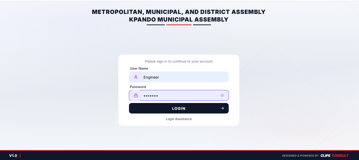 ClipeGov RMS login screen deployed for Kpando Municipal Assembly